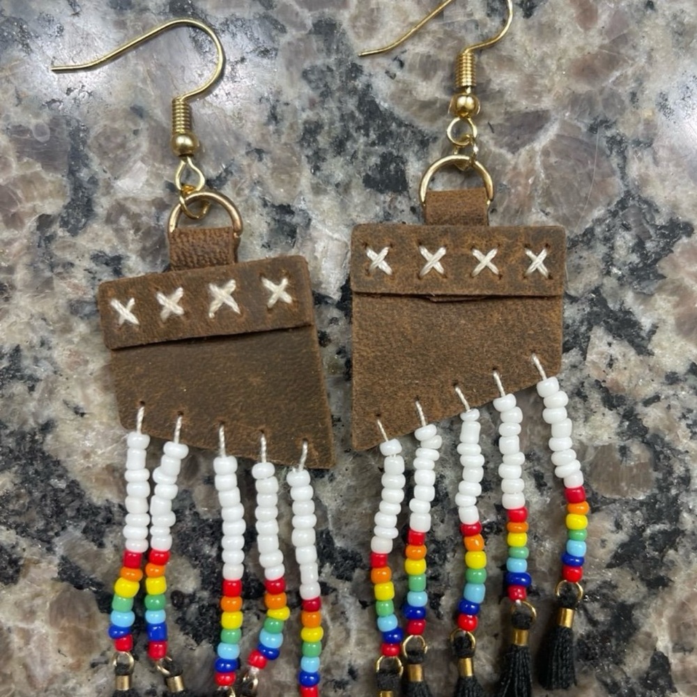 Beaded Leather Earrings with Fringe